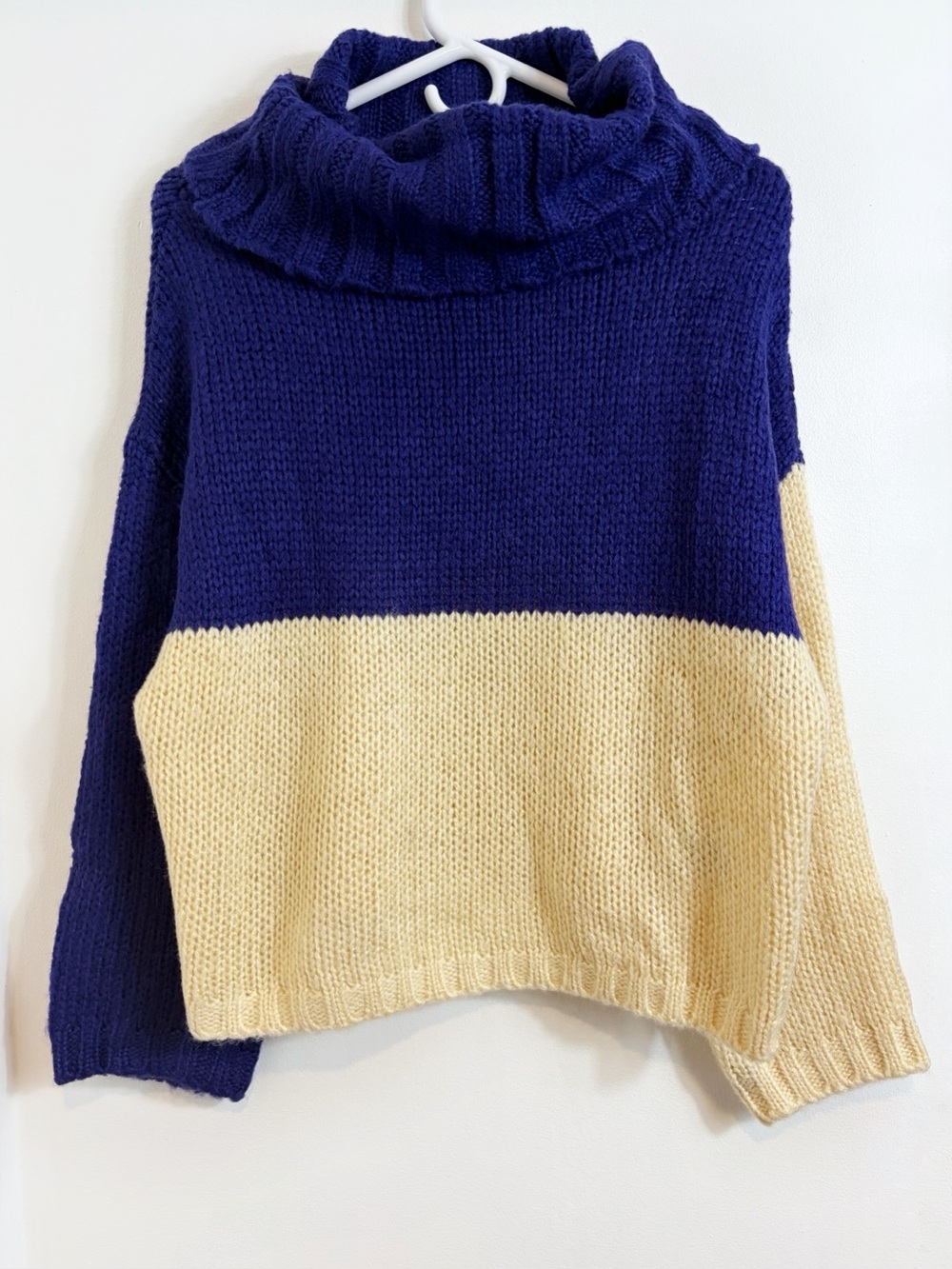 Anthropologie Pepaloves Oversized Purple & Cream Cropped Cowl Neck Sweater